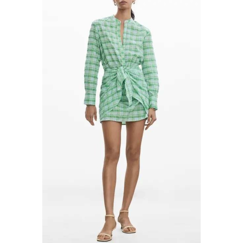 Mango Check Tie Front Longsleeve Plaid Shirtdress Green Small New With Tags